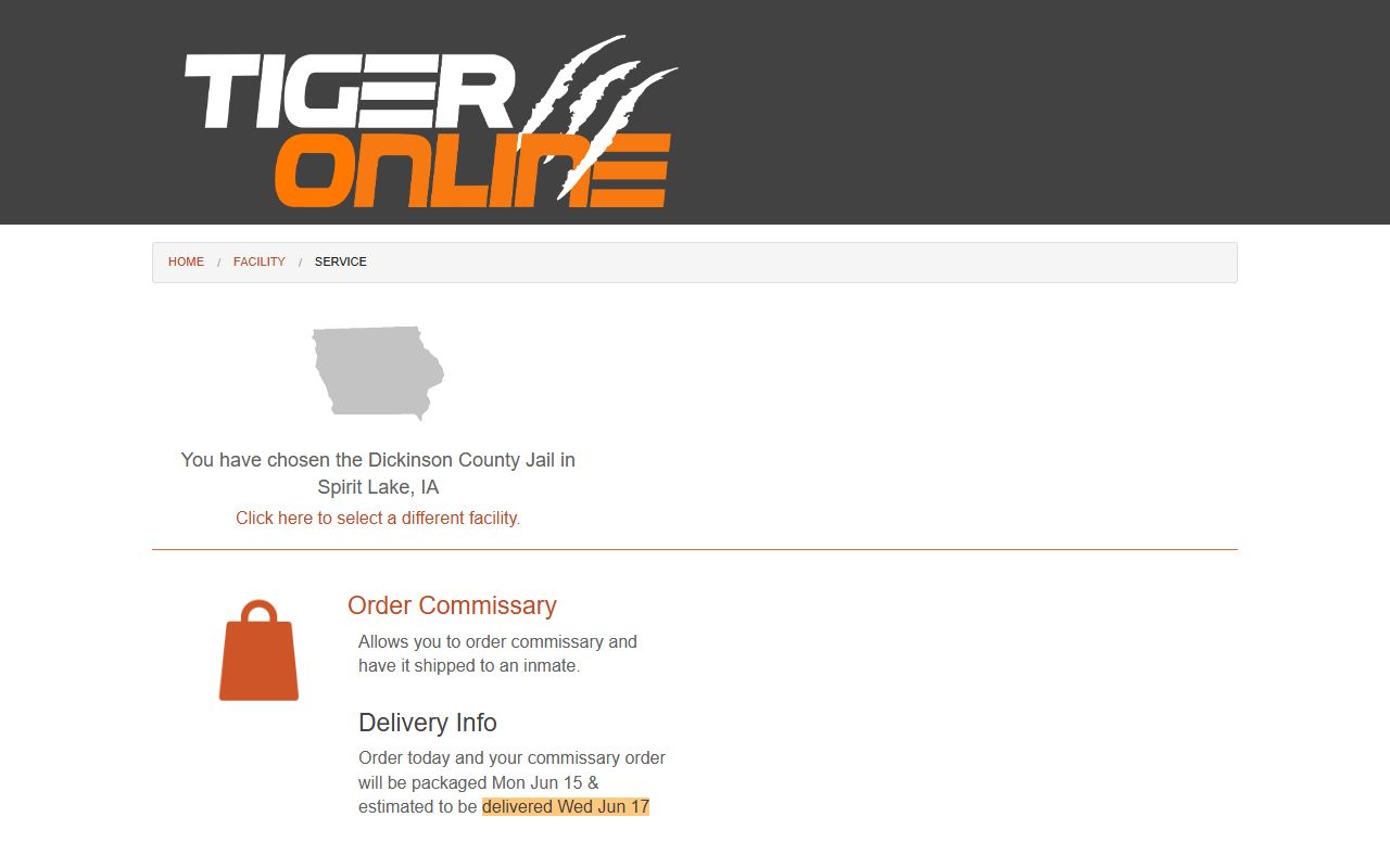 Dickinson County Jail inmate records Tiger Commissary page