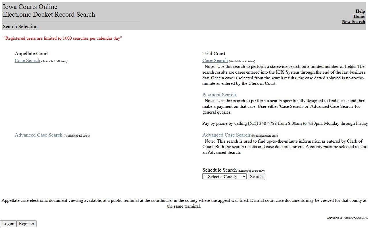 Dickinson County court records after jail arrest Iowa Courts Online search page