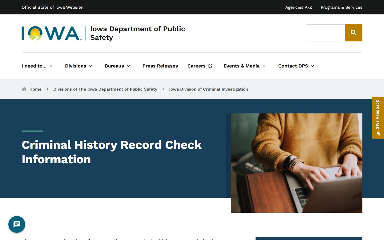 Iowa DCI criminal history page for Dickinson County court records after arrest