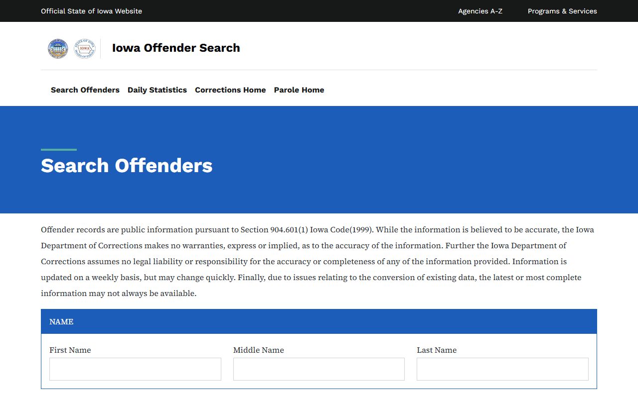 Iowa DOC offender search for Dickinson County inmate population lookup